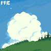 Pixel art landscape with blue sky, white clouds, green grassy hill, and small trees under a starry night.