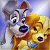 Static pixelated image of two cartoon dogs from Lady and the Tramp, one gray with white markings and brown eyes, the other golden-brown with a blue collar, both facing forward against a light purple background.