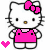 Pixelated Hello Kitty character in pink dress with bow, two frames showing heart animation change on white background.