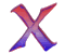 A sequence of red and blue gradient X-shaped icons in various sizes and orientations on a gray background.