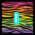 Rainbow tiger-stripe pattern with cyan vertical bar over black background, transitioning through pink orange yellow green purple stripes.