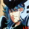 Animated sequence showing a character with blue hair and black clothing in multiple poses against rocky background, transitioning from upper body to full-body action.