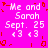Pixelated pink background with repeated white text 'Me and Sarah Sept. 25 <3 <3' in four quadrants, red decorative elements scattered around edges.