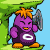 Animated pixel art contact sheet showing a purple cartoon character with orange hair and feet performing various actions on green platforms against a blue background, including holding an axe, jumping, and displaying different expressions.