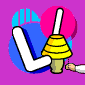 Pixelated animation of a yellow spinning top with a white stick, held by a hand, against a purple background with blue and pink circular shapes.