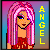 Pixelated icon of a woman with pink hair and blue eyes, wearing red clothing, with 'ANGEL' text vertically on the right side.