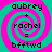 Four identical spiral-patterned icons with cyan and magenta colors, each displaying text 'aubrey + rachel = bfftwd' in black pixelated font.