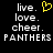 Black background with white pixelated text reading 'live. love. cheer.' and 'PANTHERS' in all caps, plus a yellow heart symbol.
