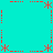 Red pixelated starburst and dashed-line patterns form a symmetrical border on a cyan background.