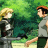 Pixelated static image of two anime-style characters standing outdoors with green foliage background, one blonde in dark outfit and one brown-haired in gray shirt and dark shorts.