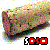 A pixelated 3D-rendered block with textured surface and shadow, accompanied by red and white pixelated text below.