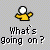 Pixelated icon shows yellow-shirted figure with white head and outstretched arms above text 'What's going on?' against light gray background.