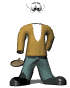 Animated cartoon character with brown sweater, teal pants, black shoes, and white undershirt, holding a paddle in various poses.