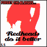 Static pixel art icon featuring a red silhouette of a woman with raised arms, overlaid text in multiple fonts and colors, and visible dithering artifacts on a white background.