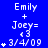 Blue background with white text displaying 'Emily + Joey= <3 3/4/09' repeated in three , each showing a different number of asterisks before the date