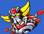 Two mecha characters with yellow wings and red accents on blue background, one holding a sword; below is a character with black hair in orange clothing making an expression.