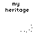 Black pixel text 'my heritage' appears in four quadrants with animated dot patterns shifting between frames on a white background.
