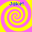 Four identical spiral patterns in yellow and pink with blue text reading "Jake!" at the top of each quadrant.