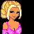 Pixel art contact sheet showing three frames of an animated icon featuring a blonde woman in pink attire with visible text elements below each frame.