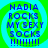Four identical pixelated display blue text on a green and cyan spiral background with exclamation marks