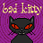 Pixel art icon of a black cat with glowing red eyes against a purple background, featuring yellow text reading 'bad kitty' above the cat's head.