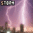 Pixelated cityscape with lightning strikes under a purple sky, surrounded by pink text on dark green background.