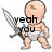 Pixelated baby character in diaper holding sword with changing text overlays across three views.
