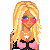 Pixel art contact sheet showing a female character's full body with blonde hair, pink sunglasses, and fashion details across multiple frames.