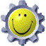 Three identical yellow smiley face icons with purple gear-like borders arranged in a 2x2 contact sheet layout on gray background.