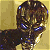 A 4-frame contact sheet of a metallic robot head animation with glowing blue eyes and chest lights, displayed on a yellow background.