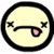 A circular pixelated icon with a black border, light yellow face, closed eyes represented by two small X shapes, and one open eye showing pink iris.
