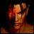 Pixelated image of a character with orange skin and red glowing eyes, next to stylized text on a black background.