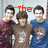 Three young men stand together in a group pose, wearing maroon, brown, and blue shirts with graphic prints. The text "The Jonas Brothers" appears above them.
