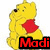 Pixelated yellow bear with red shirt and black nose, sitting upright against white background, text 'Madi' in bold red letters below.