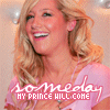A woman with blonde hair wearing a pink top smiles broadly, with text overlay reading 'someday my prince will come' in stylized fonts.