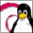 Pixelated penguin with black head and wings, yellow beak, white body holding pink curved object against green background with green text.