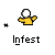 Pixelated character in yellow shirt with white head, performing actions including raising arms, emitting black dots, and bleeding red liquid under gray background.