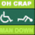 Green and dark green with 'OH CRAP' text, wheelchair and walking stick icons, 'MAN DOWN' text, and pixelated figures on a light background