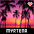 Pixelated sunset scene with palm trees, two heart symbols above, and text at the bottom.