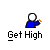 Pixelated blue figure with white head and orange beak performs sequential actions above text reading "Get High" or "Get High As A Bird" on gray background.