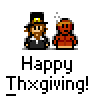Pixel art contact sheet showing three animated frames of two cartoon characters with text variations for 'Happy Thxgiving!'