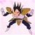 Pixelated character with spiky black hair, brown armor-like shoulder pads, and dark blue limbs in a dynamic pose against light pink background.