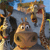 A pixelated cartoon scene featuring a cow with large eyes and a rounded snout, a giraffe with a long neck and patterned spots, and a dark figure holding a stick, all set against a blue sky background.