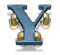 Six blue Y-shaped icons with golden circular elements on a gray background, arranged in two of three