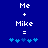 Blue background with white pixelated text 'Me + Mike =' and five blue heart icons below, where the third icon changes from light to dark blue between frames.