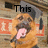 A pixelated dog with its mouth open and tongue out appears in a of four , with text changing