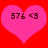 Two pink hearts on red background with dark pixelated text '576 <3' inside each heart.