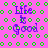 Pixelated text 'Life Is Good' in purple on pink background with green circular pattern, animated to shift position across frames.