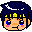 Four pixel-art character head icons arranged in a , each with dark blue hair and yellow highlights against gray background
