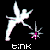 Pixelated white figure in dynamic pose with pink and blue starbursts, text 'tink' below each instance on black background.